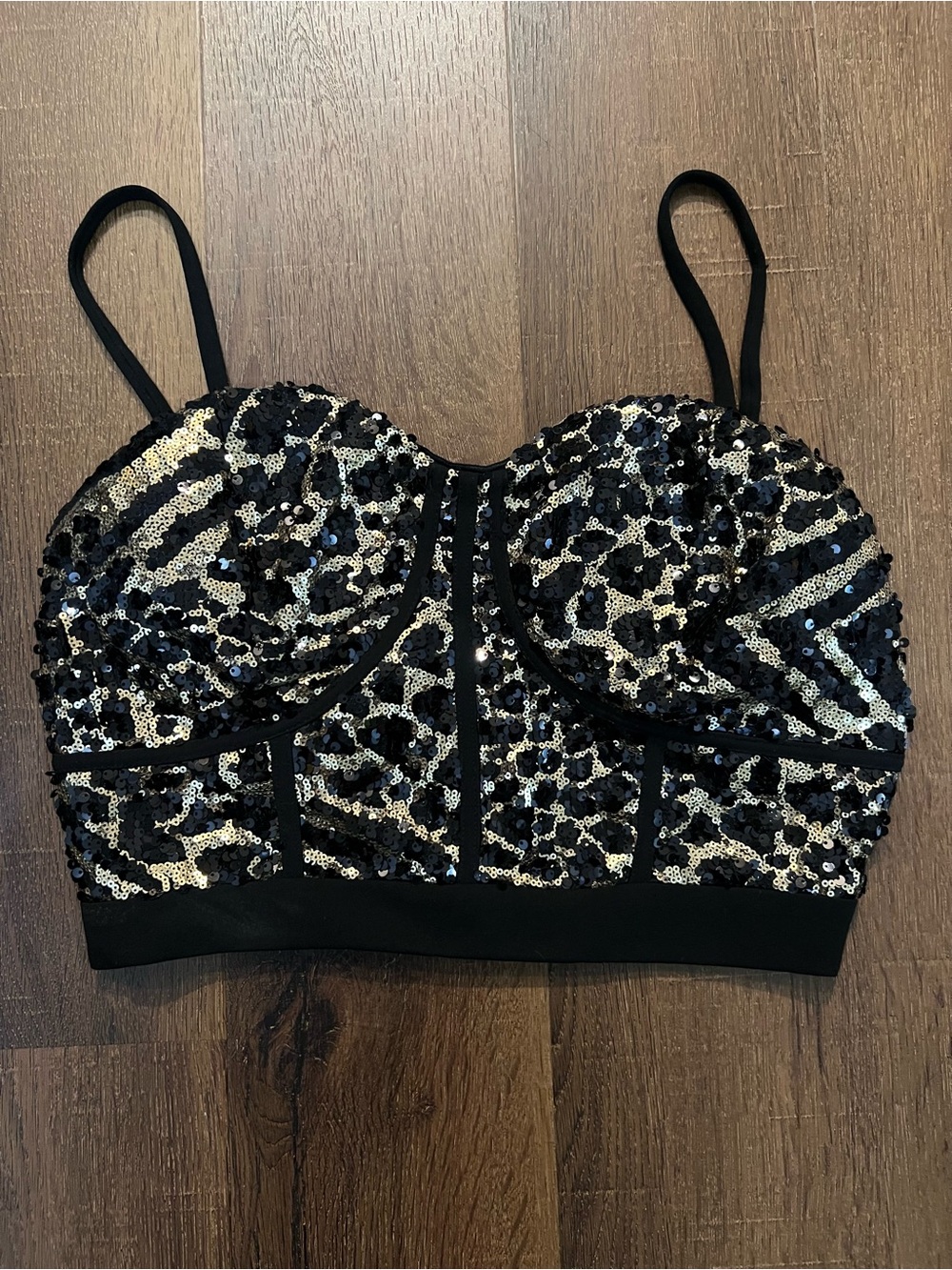 Sequin Bustier Crop Top - Black & Gold Leopard Print